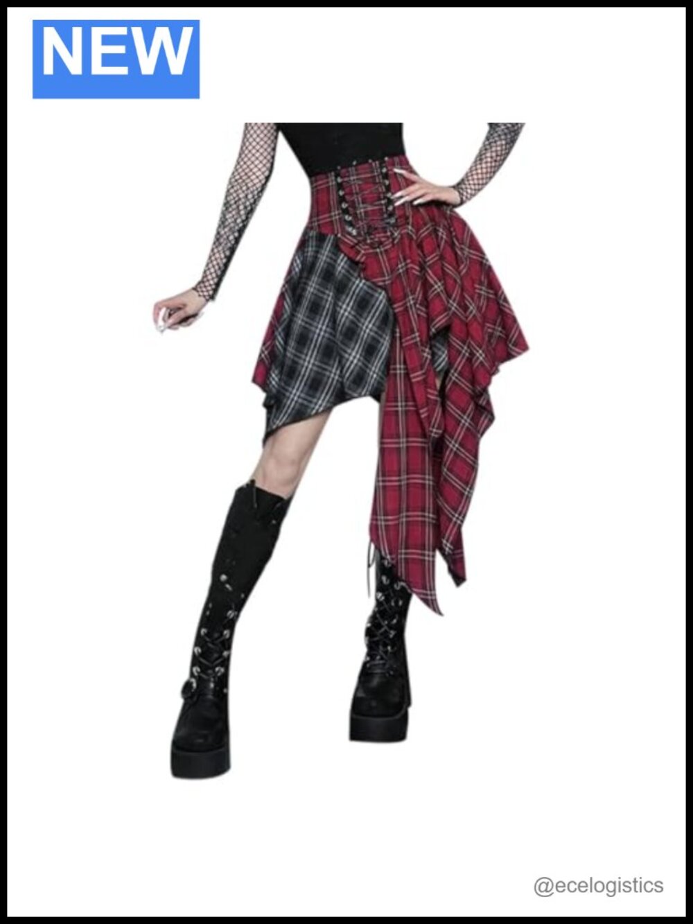 High Waist Plaid Mini Skirt Asymmetrical Ruffle Layered Punk Goth